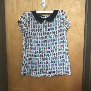 Sheer Peter Pan collar bug print top